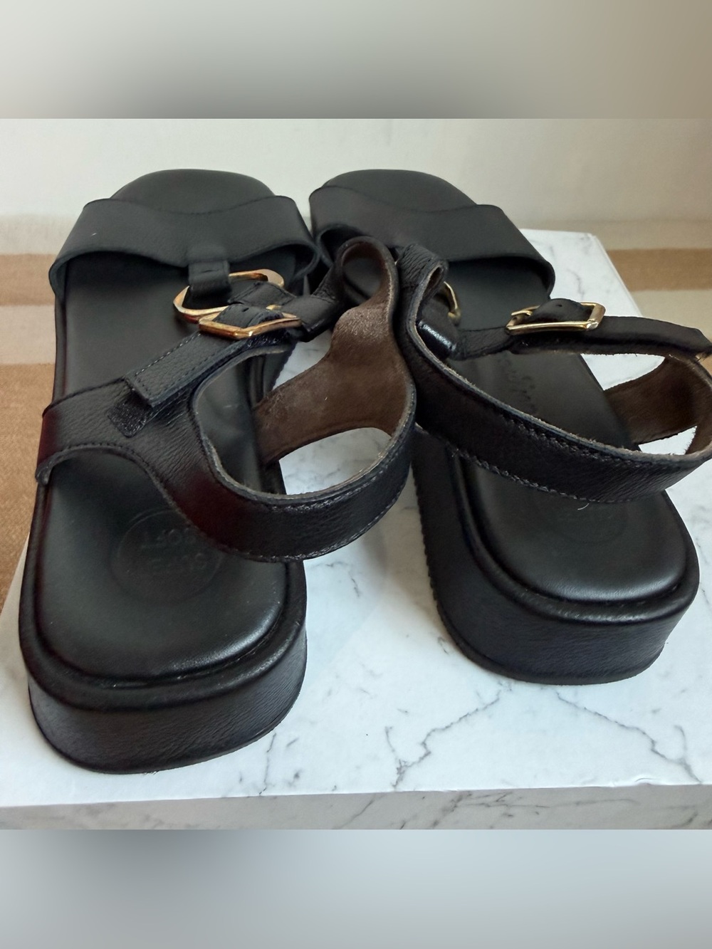 Paul Green Black Leather T-Strap Platform Sandals size 4.5/7 - Picture 7 of 11